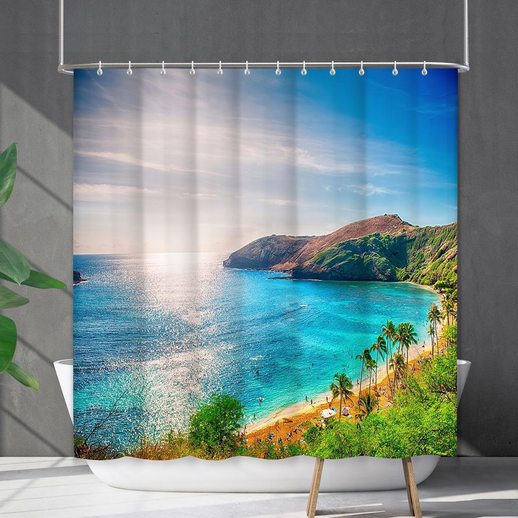 Shower Curtain Waterproof And Mildew-Proof Coconut Tree Beach Beach Bathroom Shower Curtain Shower Curtain Partition Curtain Free Punching