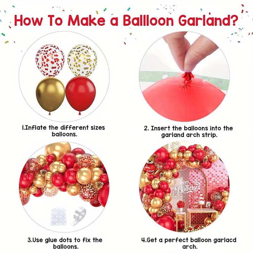 126PCS Golden and Red Metallic Balloons Arch Kit for Birthday Wedding Anniversary Valentine's Day New Year Celebr