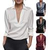 Women Shirt Three-Dimensional Fit V-Neck Lapel Long Sleeve Shirt Tops Solid Color Soft Draped Blouse