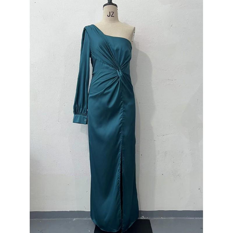 2026 Womens Slash Neck Raglan Sleeve Pleated Fitted Slit Sexy Long Dress