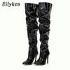 2024 New Thigh High Boots Fashion Patent Leather Pointed Toe Zip Female Stiletto Heels Pleated Design Women's Shoes