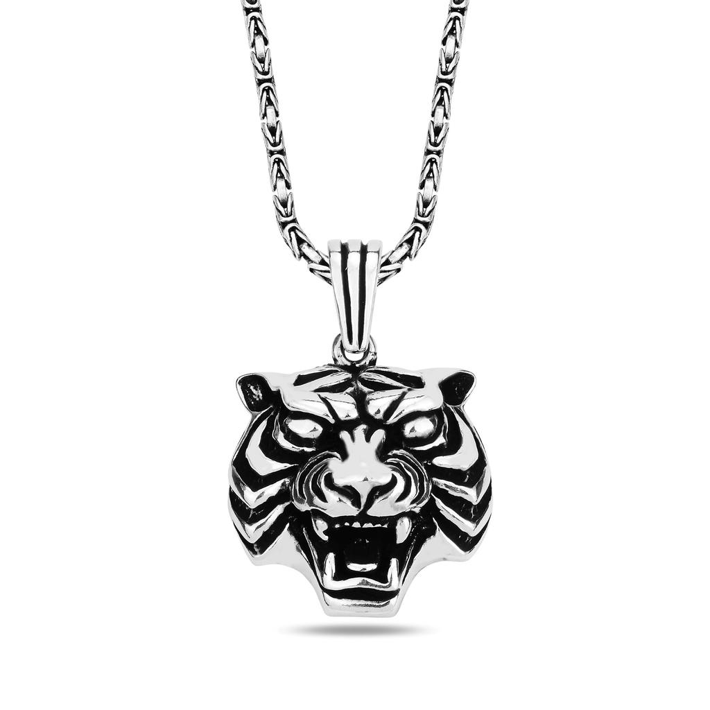 Unique 925K Tiger Head Pendant for Men, Byzantine Chain Necklace, Handcrafted Turkish Men's Accessory, Distinctive & Stylish Gift Idea