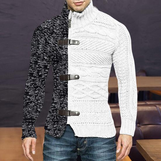 Men Winter Sweater Coat Color Matching Asymmetric Long Sleeves High Collar Slim Fit Warm Knitted Neck Protection Autumn Sweater for Office