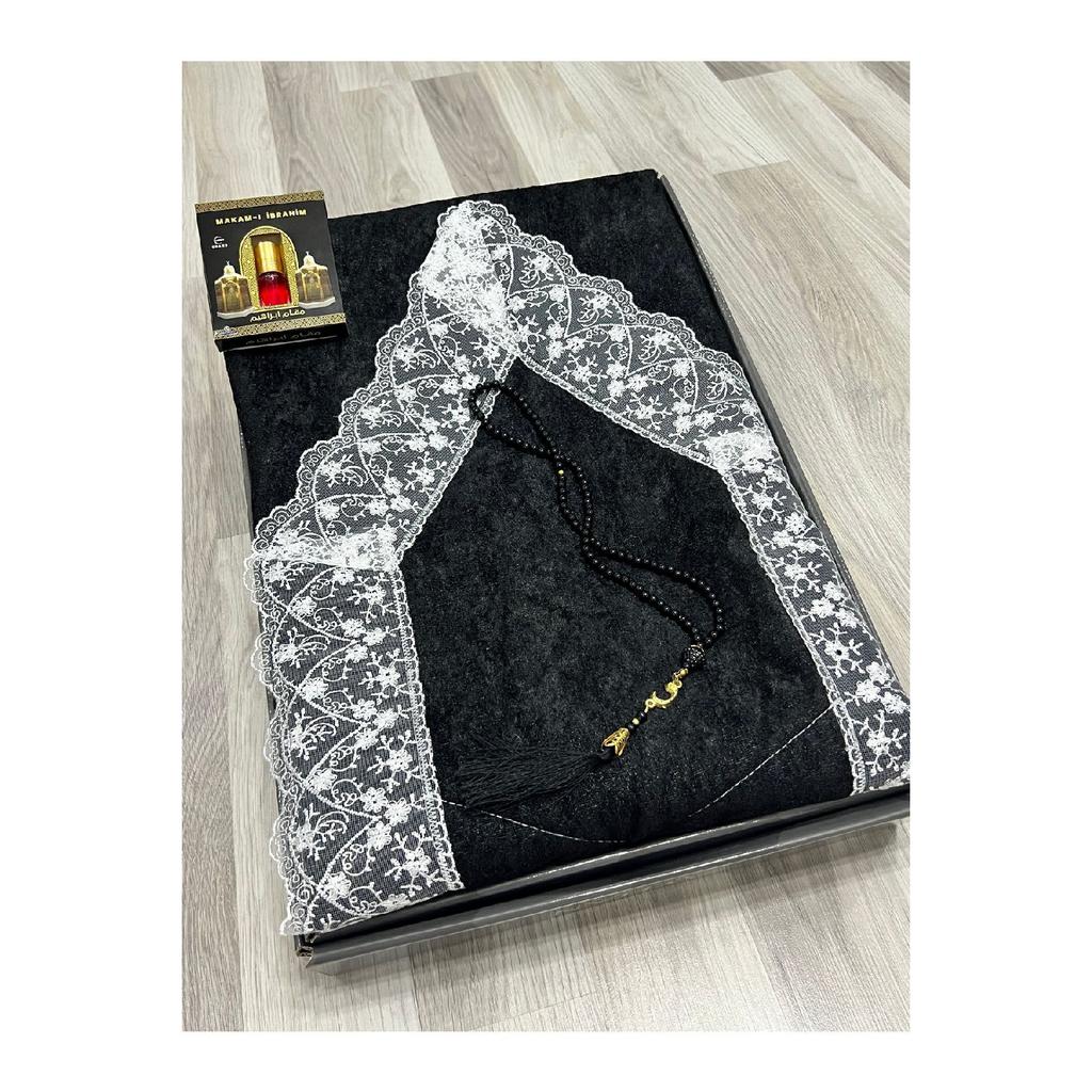 3 Piece Prayer Rug Set, Dowry Bundle Boxed, Velvet Laced Bride And Groom Set