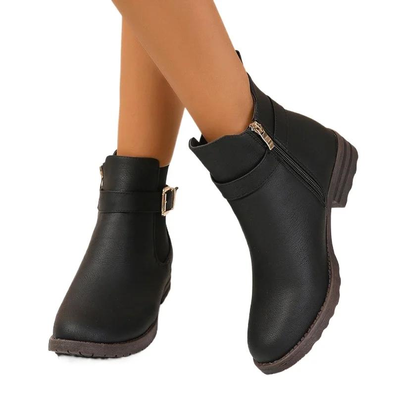 Модная женская обувь 2024 года, фирменные женские ботинки с боковой молнией, модные современные ботинки с пряжкой на ремне, женские зимние ботинки до середины икры с круглым носком