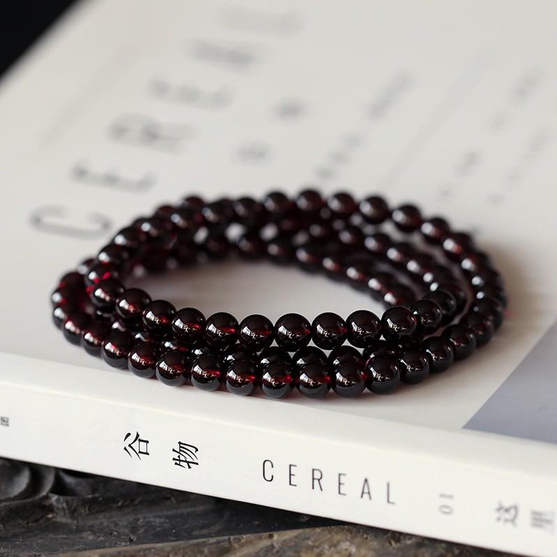 Natural Garnet Bracelet Women Handmade Triple Wrap 5mm Wine Red Boho Ethnic Style Jewelry