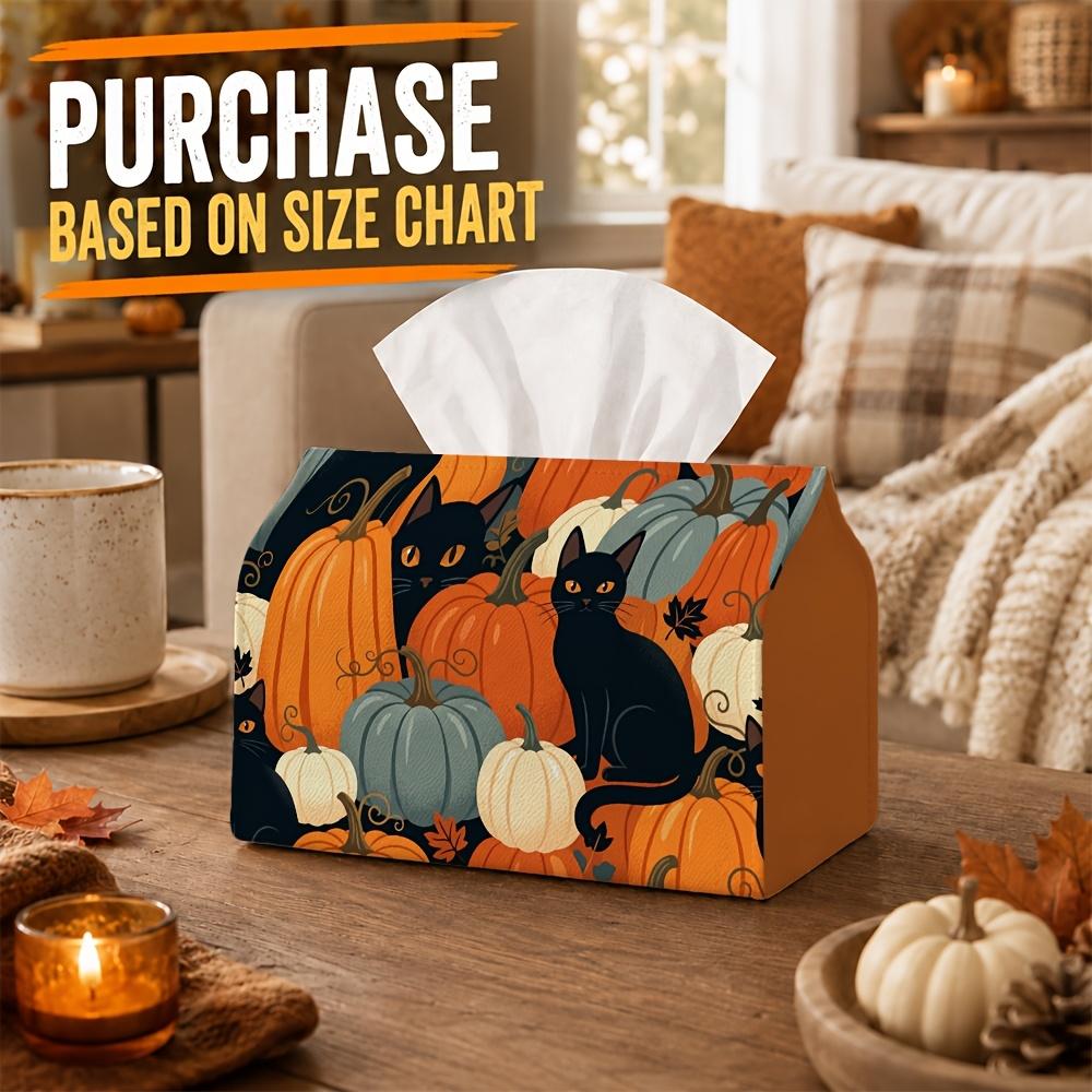 1pc Rustic Vintage Autumn Tissue Box with Black Cat Sitting on Pumpkin Assortment - Napkin Storage Organizer for Kitchen, Car, Elegant Decorative Box,