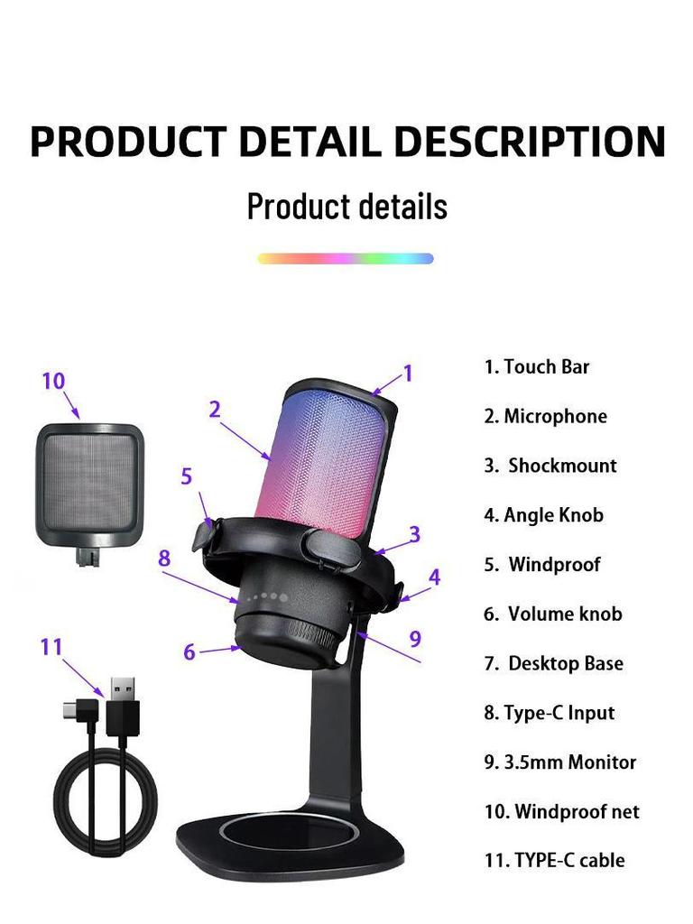 RGB USB игровая микрофонная гарнитура с поп-фильтром для киберспорта и прямых трансляций