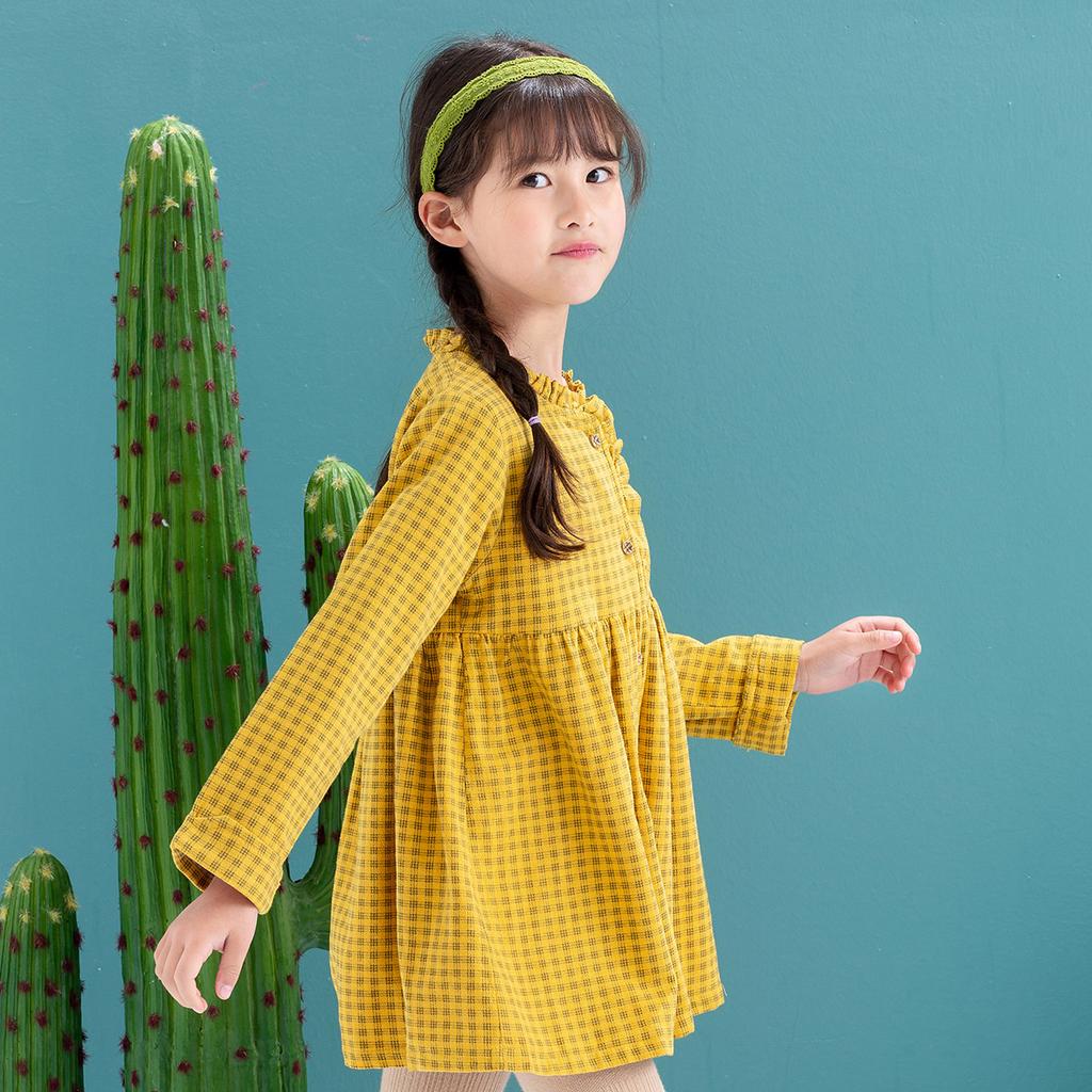 Girls' yellow checkered cardigan dress