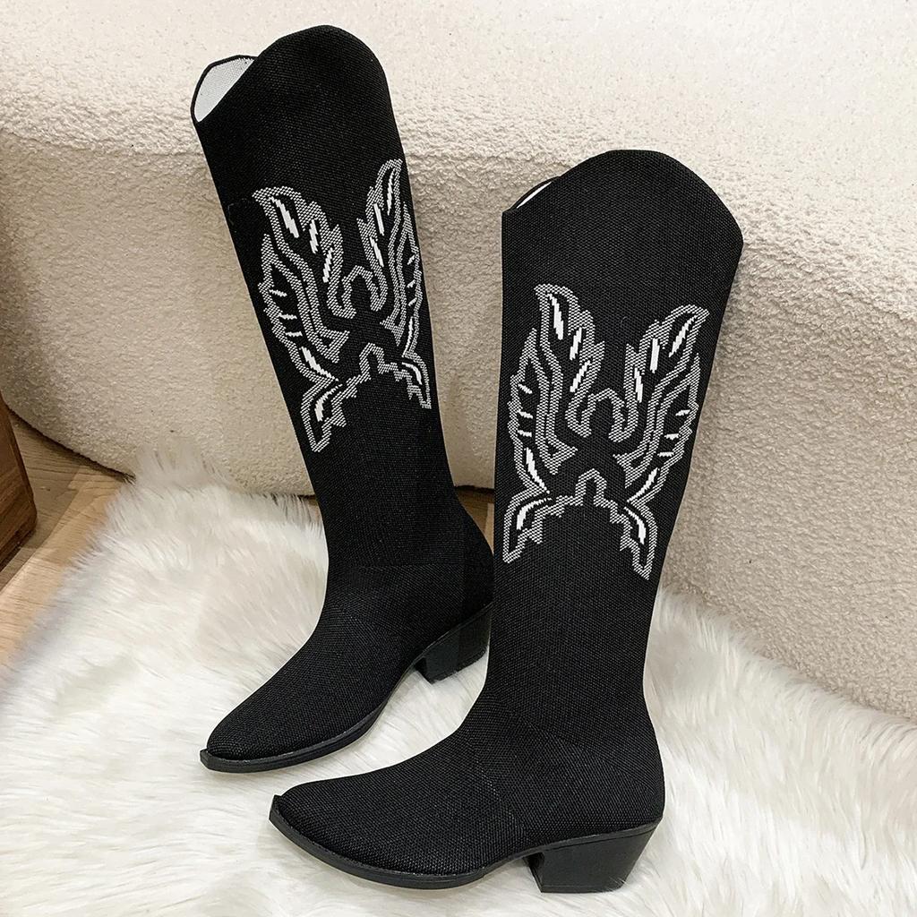 Over The Knee Square Heel Sock Boots Slip-on Pointed Toe Women's Shoes On Sale 2024 Fashion Mid Heel Flower Women's Boots