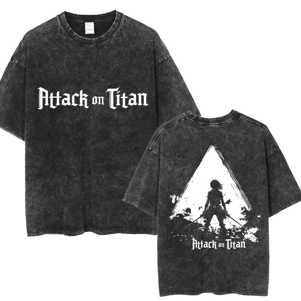 Washed Japan Anime Attack on Titan Vintage Tshirt Mikasa Ackerman Eren Jaeger Manga T Shirts Men's Oversized Cotton Male T-shirt