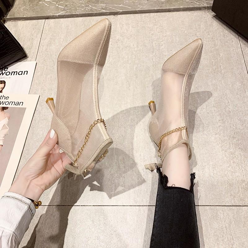 Женские босоножки, летние, новые, с металлической цепочкой и сексуальными черными холодными ботинками, на высоком каблуке, сандалии с застежкой-молнией и закрытым задником, ПУ, туфли для вечеринок, с заостренным носком