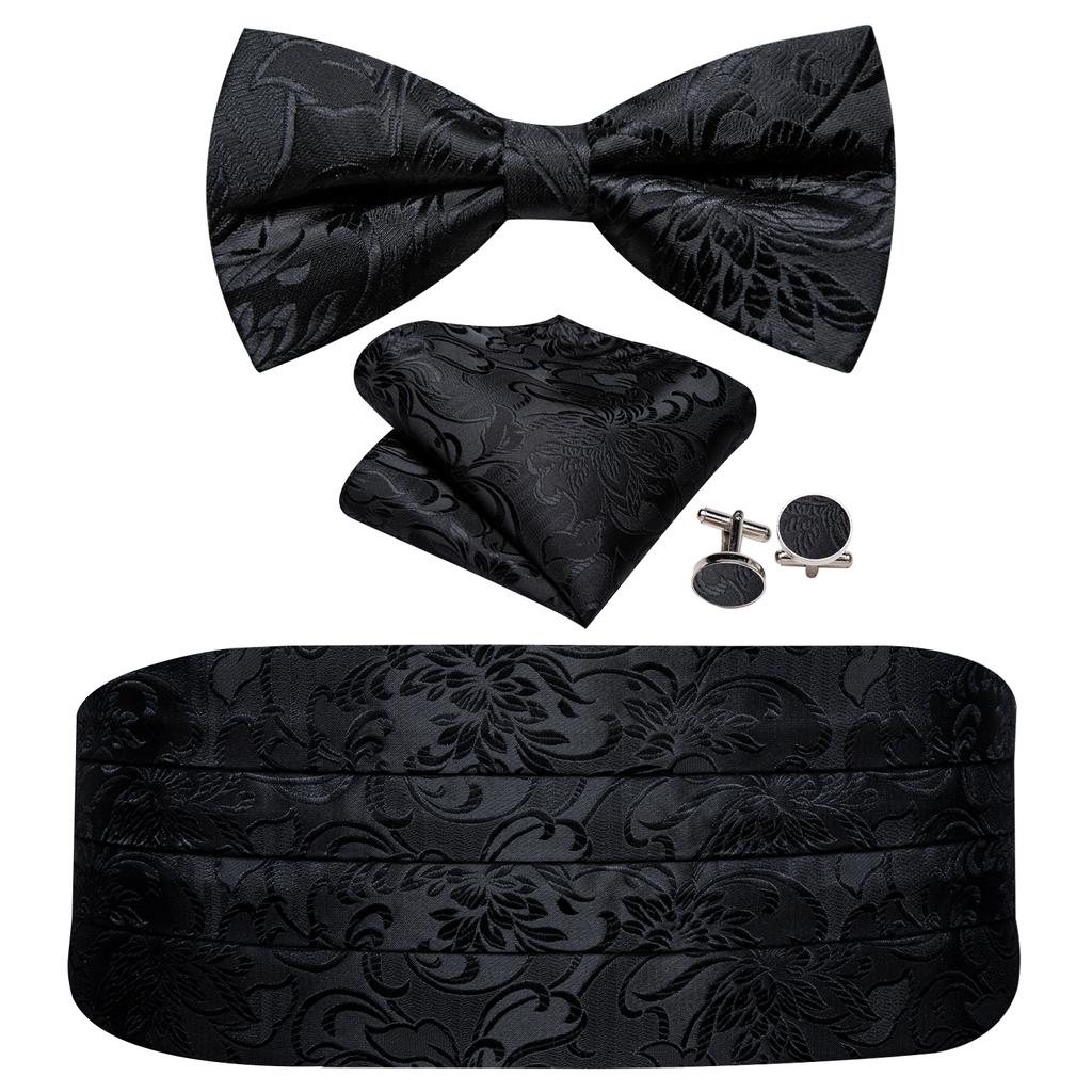 Barry.Wang Mens Cummerbund Belt and Bowtie Set Silk Pre Bow Tie Hanky Cufflink Set