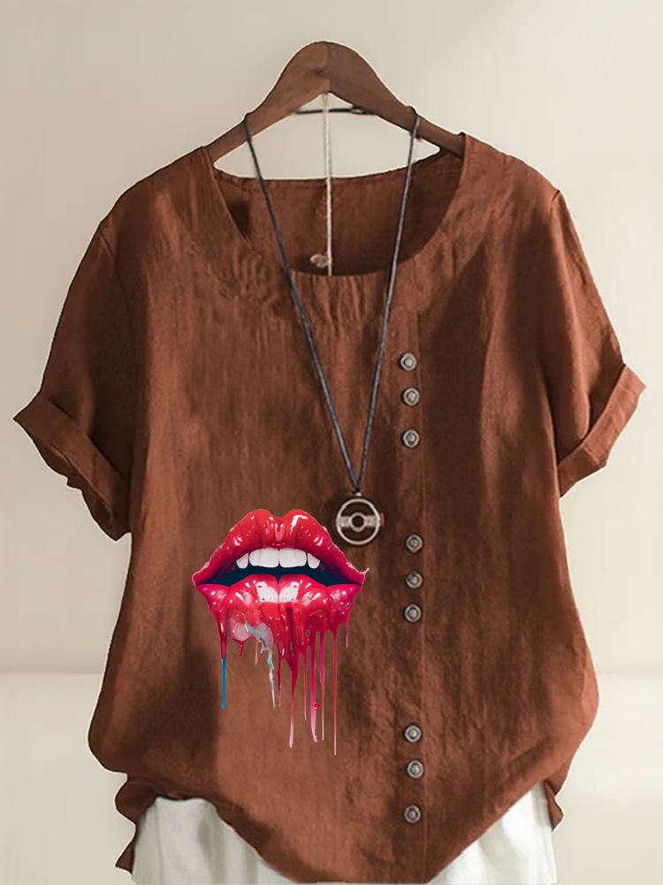 Women's Fashion Red Lips Print Round Neck Short Sleeve T-shirt Casual Cotton Linen Graphic Shirt Leisure Loose Summer Blouse Tops