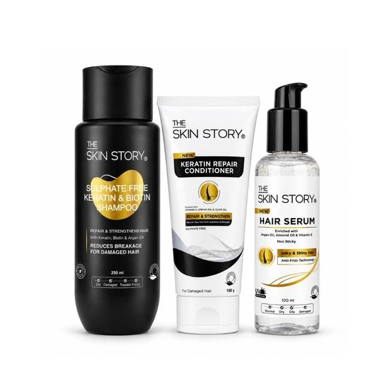 The Skin Story Keratin Shampoo Conditioner UV Protection Hair Serum combo kit pack | Восстанавливает, питает и укрощает вьющиеся волосы | Для всех типов волос