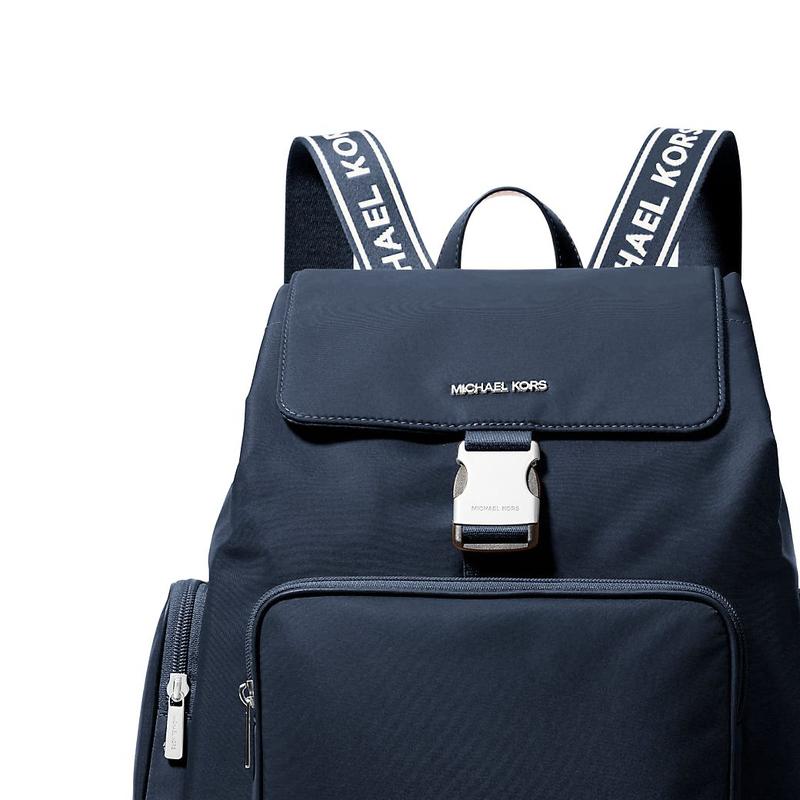 MICHAEL KORS Khai Logo Silver Hardware Nylon Backpack Large Unisex Couple Navy Blue