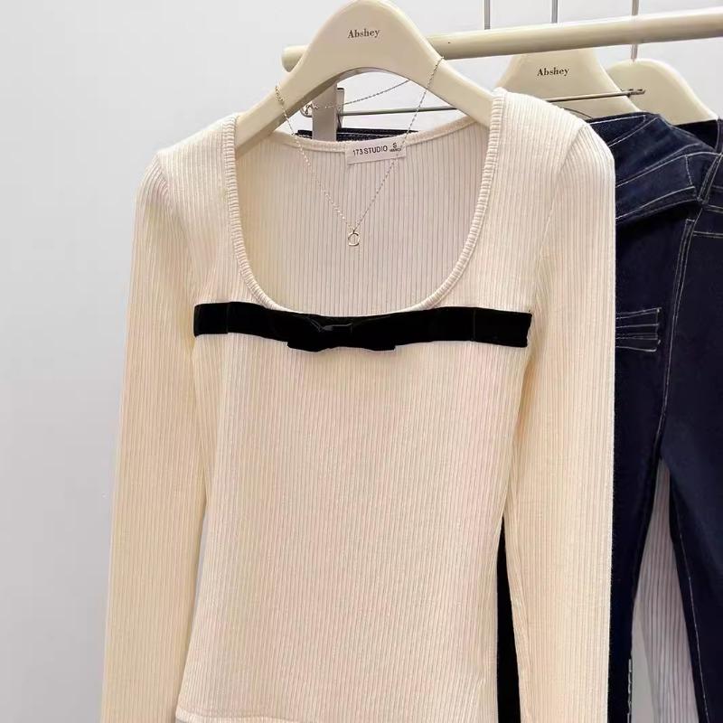 Early Autumn Comfortable Long-sleeved Shirt for Women, Thin, Gentle and Trendy Bow-knot Slim-fit Bottoming Shirt with Collar Top