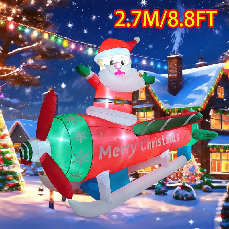 2.7M/8.8FT Inflatable Toys Christmas Decorations Santa Fly Plane LED Lights Model Xmas Festival Party New Year Outdoors Decor