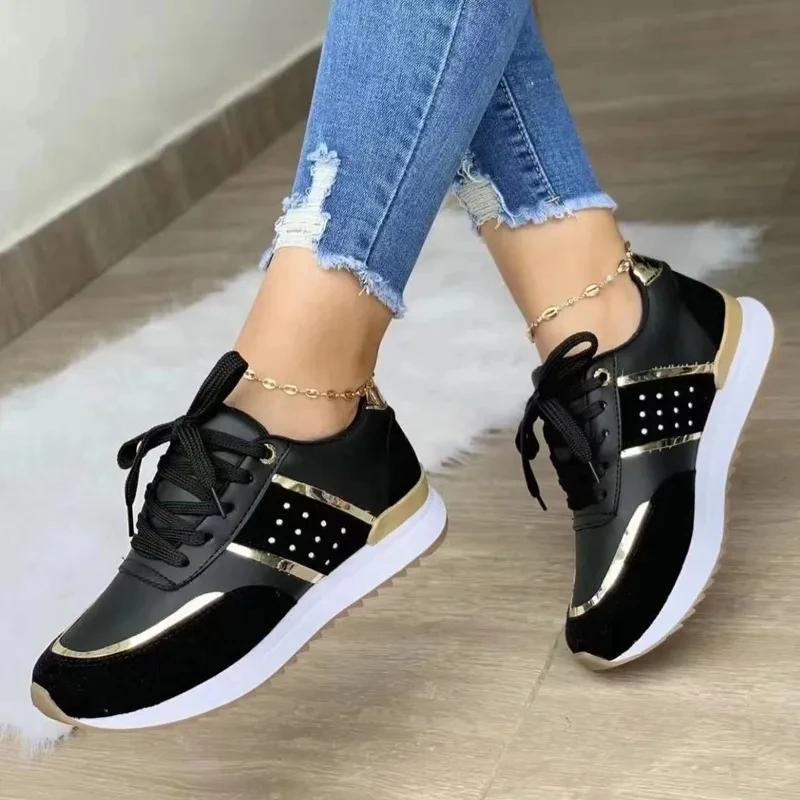 New  Women Lace-Up Running Shoes Sneakers Autumn Spring Woman Leather Patchwork Female Casual Shoes Women'S Vulcanized Shoes