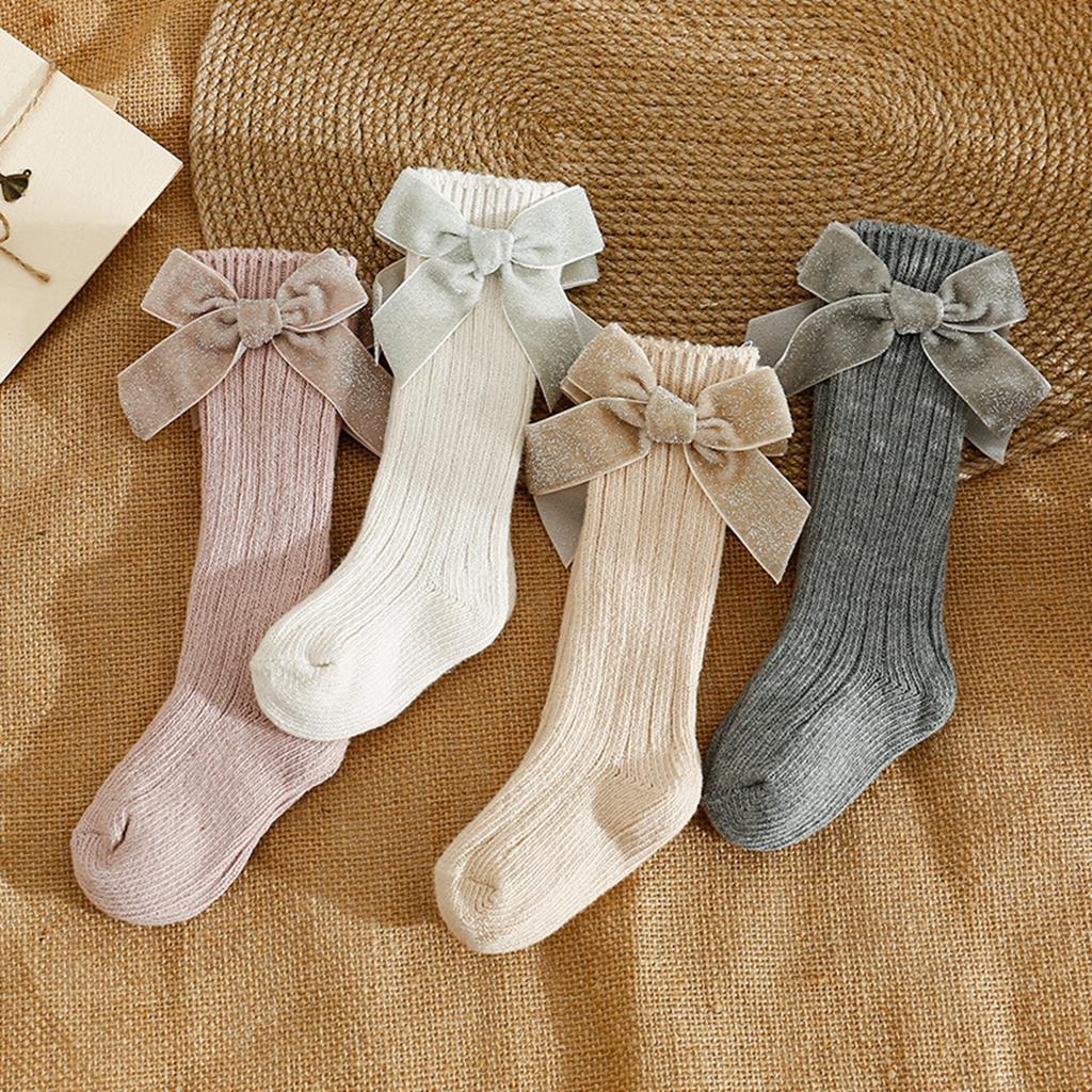 Kids Knit Socks for Girls Big Bowknot Decor Toddler Sweet Anti-Skid Cute Baby Socks Over-The-Knee Socks