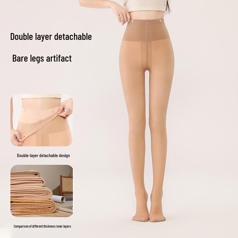 Detachable Button Double-Layer Nude Pantyhose: Velvet No-Fall Leggings for Autumn/Winter