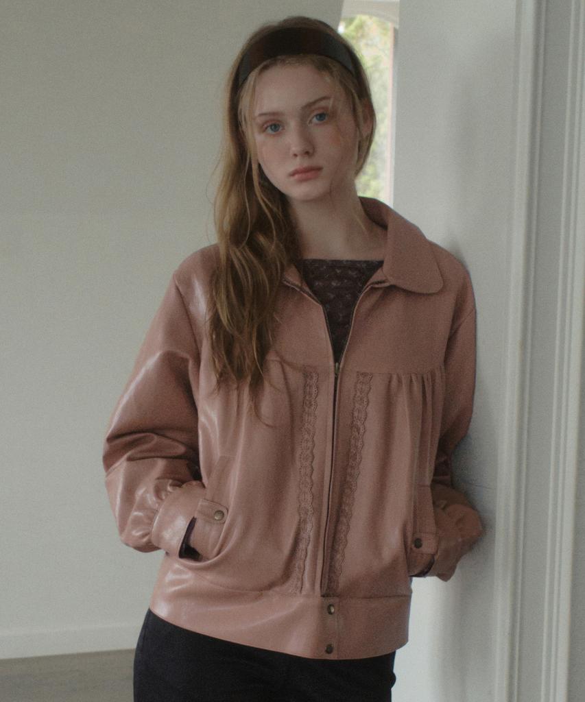 OURNOSTALGIA Annette Shirring Leather Jacket_Dusty Pink(Ob6Ot06)