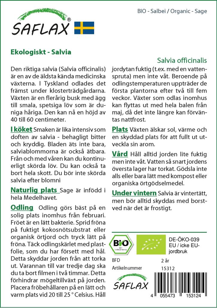 SAFLAX Garden in the Bag - Органический - Шалфей - 60 семян - С субстратом в подходящем стоячем пакете - Salvia officinalis