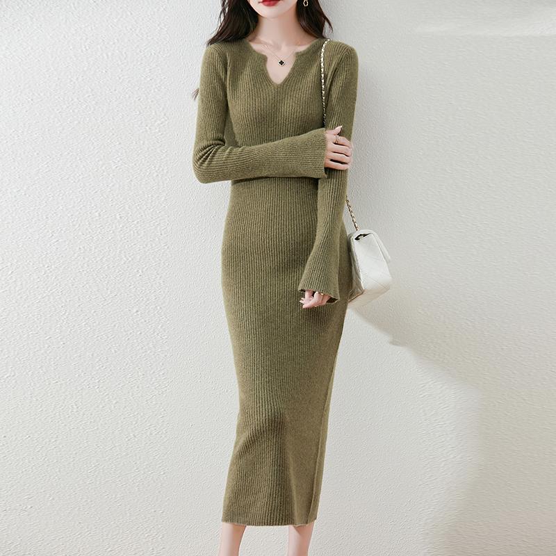 Женское платье-свитер 100% шерсть MODERN NEW SAGA V-образный вырез трикотажный длинный пуловер зимние джемперы шерстяное длинное платье женское