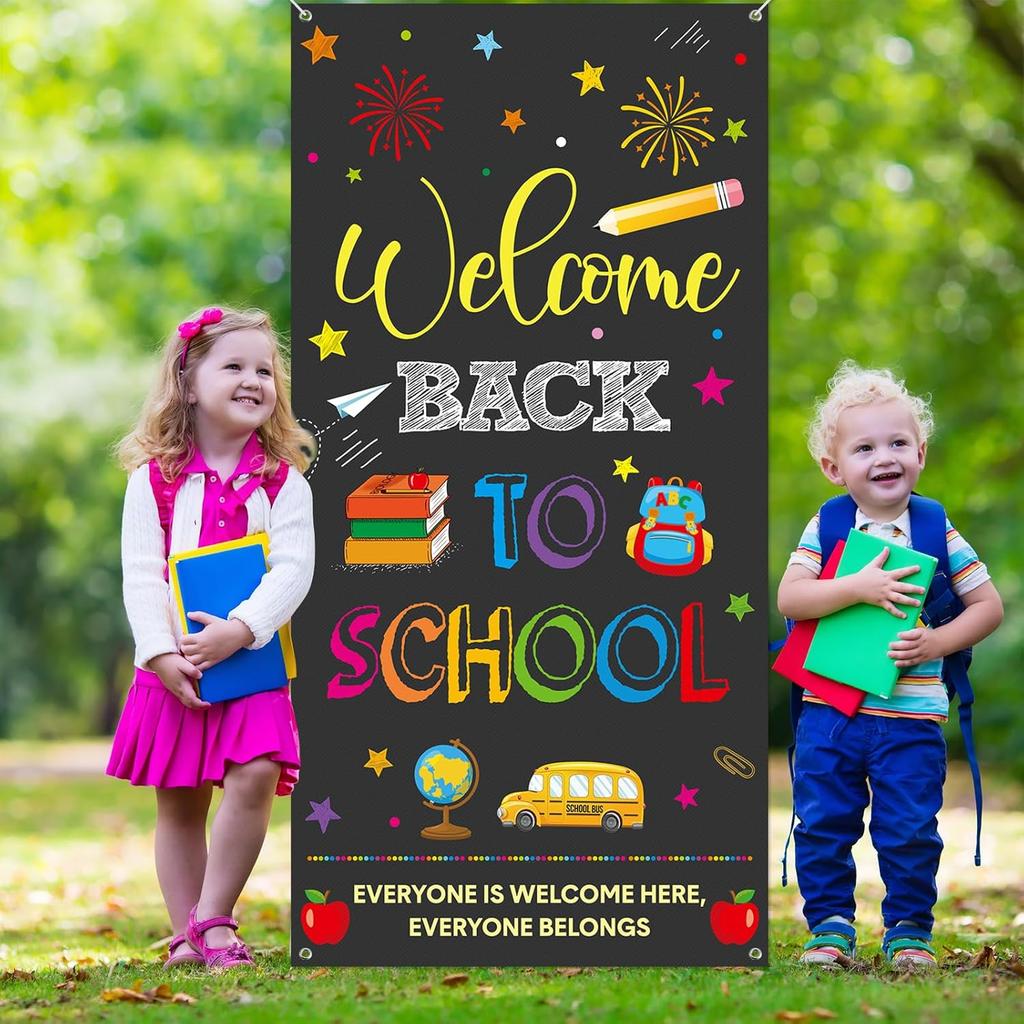 Back To School Banner Welcome Back To School Door Cover Backdrop Polyester Hanging Banner Front Door Porch Sign for First Day