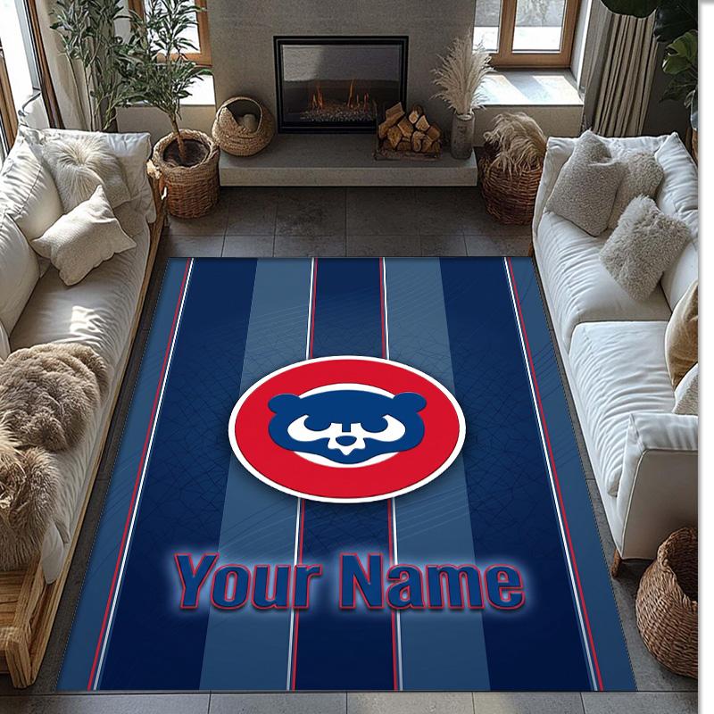 Chicago Cubs Crystal Velvet Rug, Custom Name Text Personalized Non‑Slip Floor Mat for Home Decor Gift