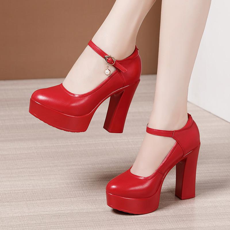 Мода Размер 32-43 Натуральная кожа Толстая подошва Туфли на платформе Женская свадебная обувь Белый 2024 Блочный высокий каблук Обувь для офиса Модель