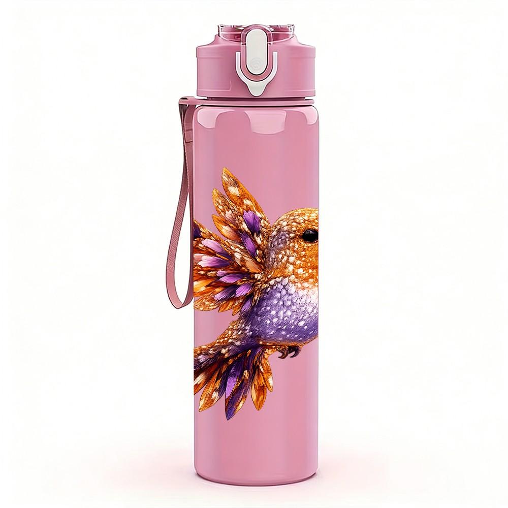 1PC Colorful Hummingbird Illustration 750ml Color Plastic Sports Water Bottle Leakproof Flip Straw Lid Suitable for Sports Office Home Use