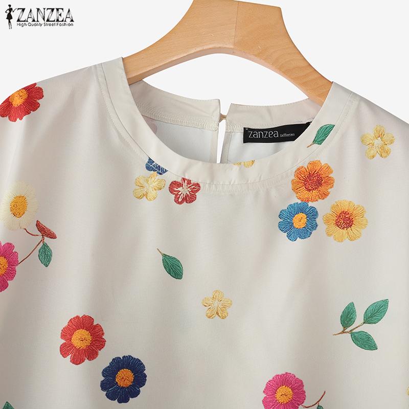ZANZEA Женская повседневная блузка с круглым вырезом, цветочным принтом, летняя, с коротким рукавом