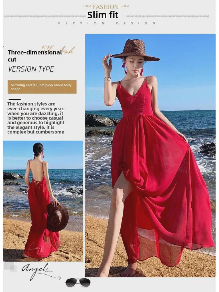 Элегантное красное пляжное платье Fairy: Длинная юбка Sanya Travel с открытой спиной