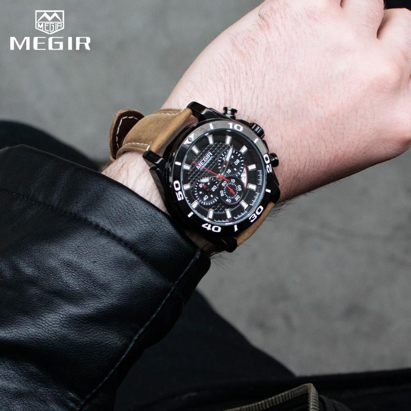 Men's Army Sports Chronograph Quartz Watches Leather Strap Luminous Waterproof Wristwatch Man Relogios Clock 2094 Silver