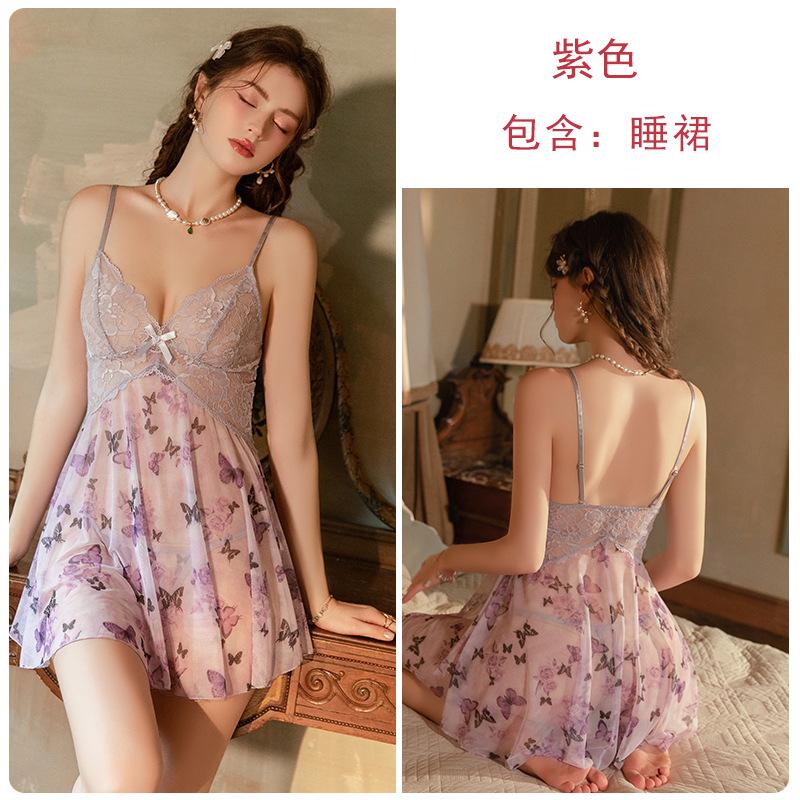 Women's Lace Sheer Mesh Butterfly Print Sleep Dress with Robe Lounge Set