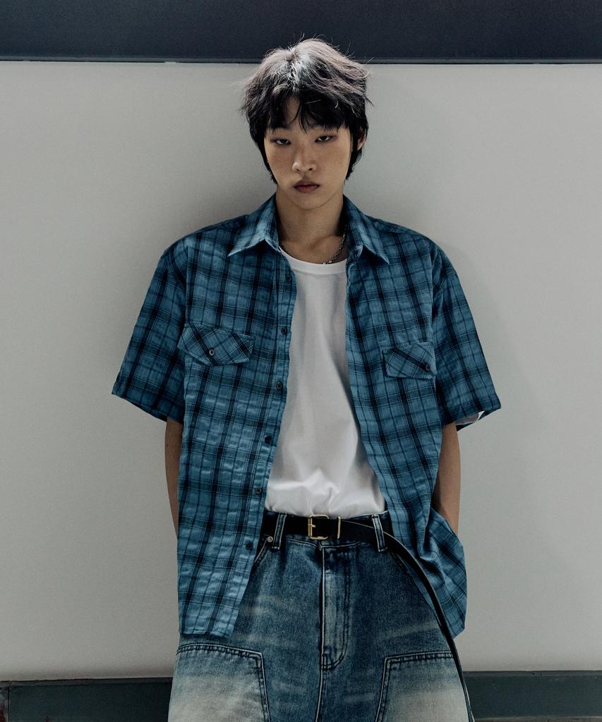 P.IN.O Vintage Wrinkle Semi-Over Check Shirt - Blue