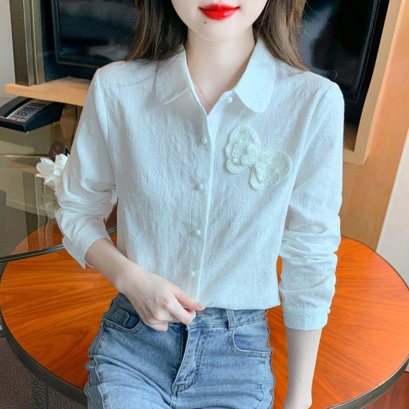 Осень 2024 г. Женская рубашка с длинным рукавом из чистого хлопка с жаккардовой вышивкой