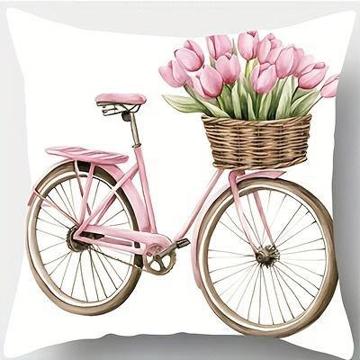 Pink Tulip & Floral Pillowcase ,Sofa Bedroom Cushion Cover, Single-Sided Printing, Without Pillow Core Short Plush Material