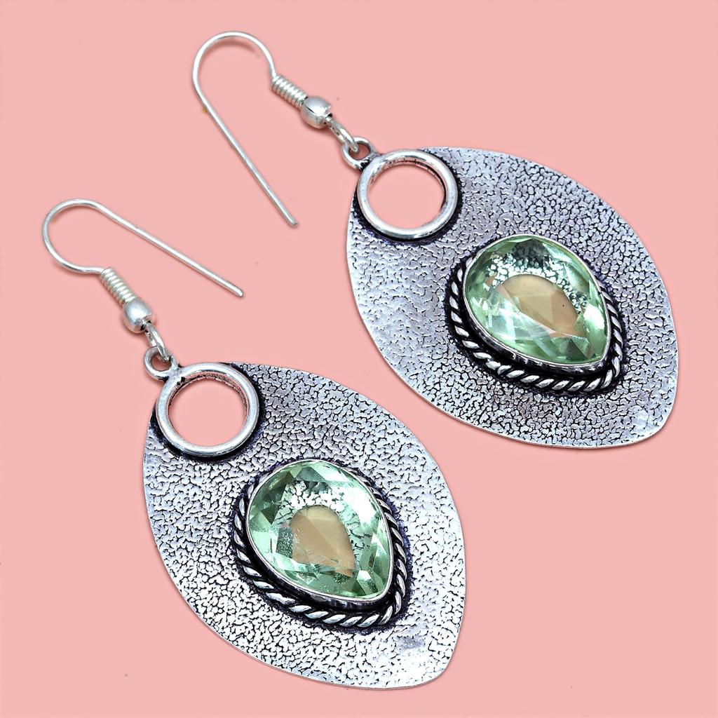Green Amethyst Gemstone Mother's Day Jewelry Pendant Earring Set