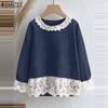 Женская мода круглый вырез длинный рукав кружева контрастного цвета блузки
