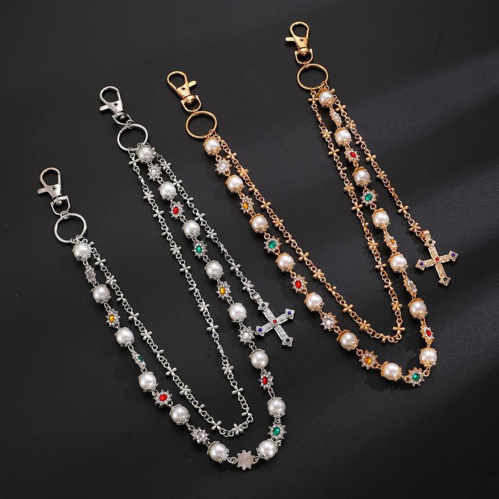 Punk Colorful Zircon Cross Pendant Pants Chain for Women Men Gothic Multi Layer Imitation Pearl Chain Waist Chain Jeans Jewelry