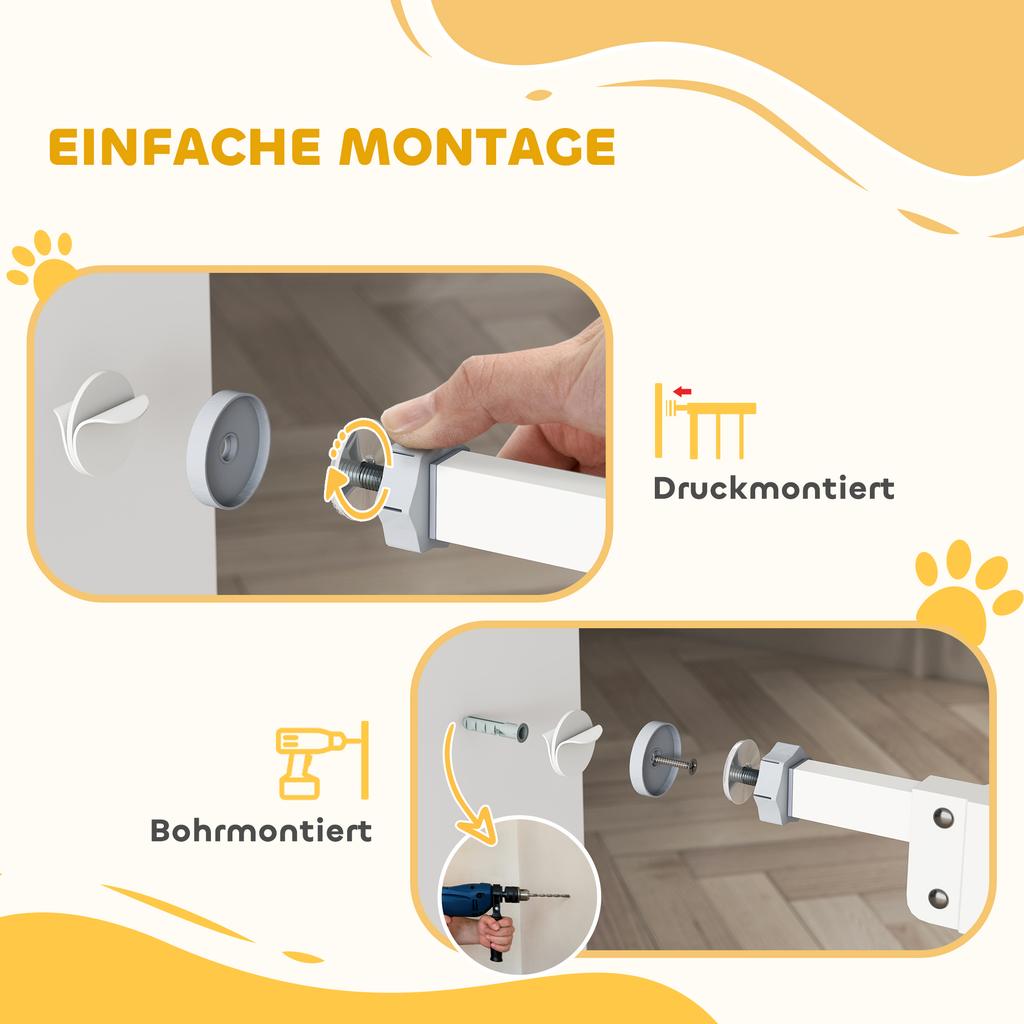 Door Gate with Cat Flap, Installation without Drilling, Variable Width 74-80 cm, One-Handed Opening, Metal, White