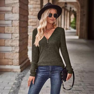 Женские топы с V-образным вырезом, застежкой-молнией и полузастежкой, с длинным рукавом, однотонные облегающие трикотажные топы в рубчик