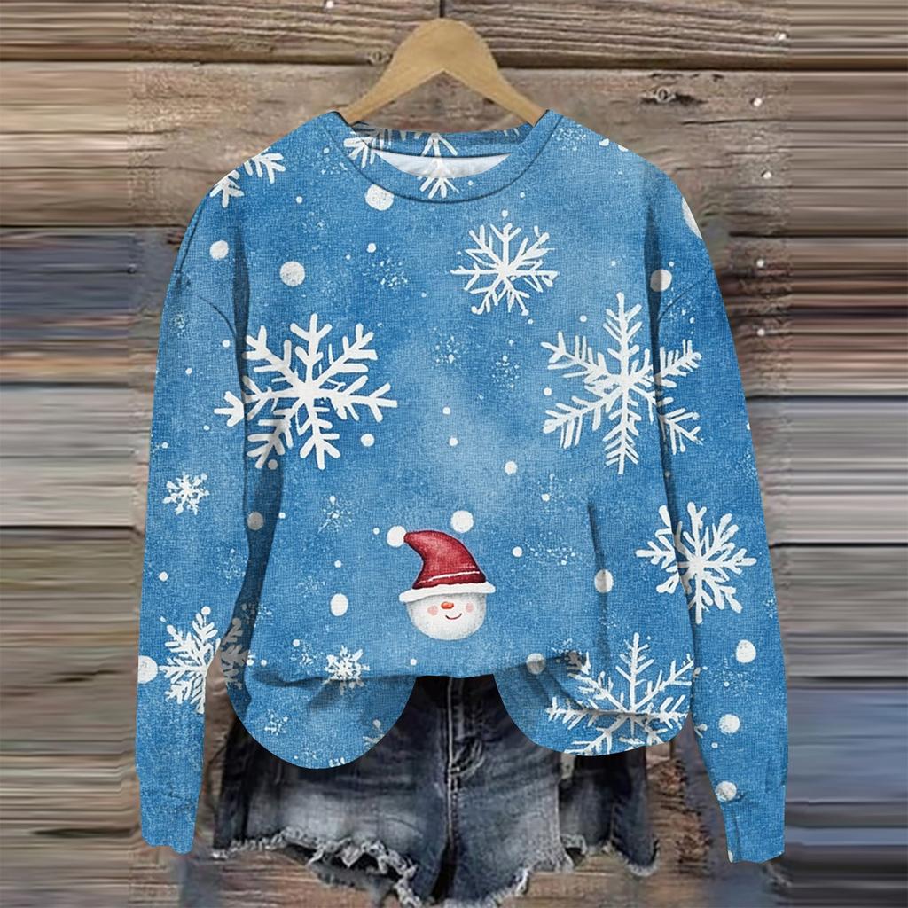 Женская мода круглый вырез пуловер длинный рукав футболка рождественский принт топ