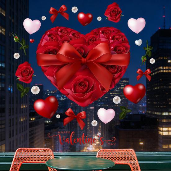 Наклейка на окно в форме сердца с розовым цветком День святого Валентина Съемная ПВХ наклейка на стекло окна Многоразовые статические наклейки для дома, свадьбы, годовщины