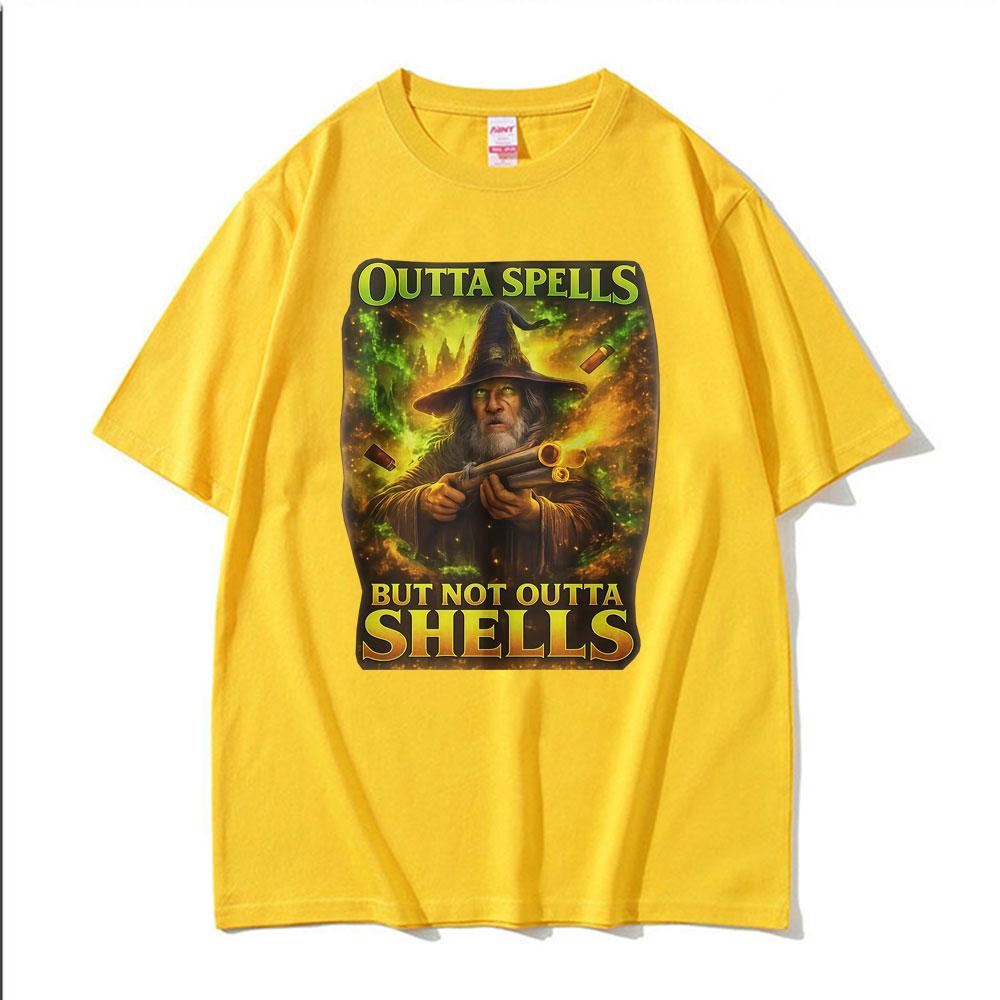 Outta Spells But Not Outta Shells Ironic Wizard T Shirt Funny Fantasy Meme T Shirts Men Women Fashion Summer 100 Cotton Tshirt