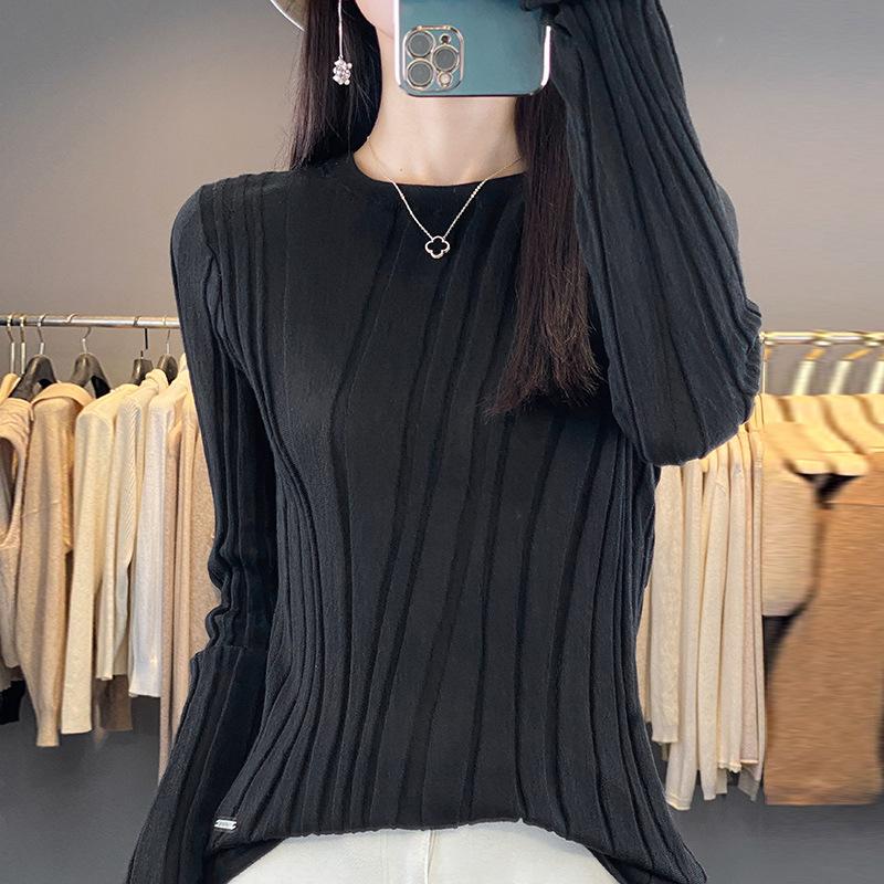 Женская мода с высоким воротом и круглым вырезом, свободный трикотаж, длинный рукав, трикотажная рубашка однотонного цвета для осени и зимы