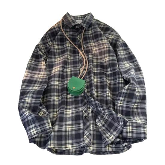 Весна-осень Мужская рубашка с отложным воротником в клетку с принтом Свободная рубашка на пуговицах в стиле ретро-американской моды с длинным рукавом Уличная одежда для путешествий Повседневная одежда