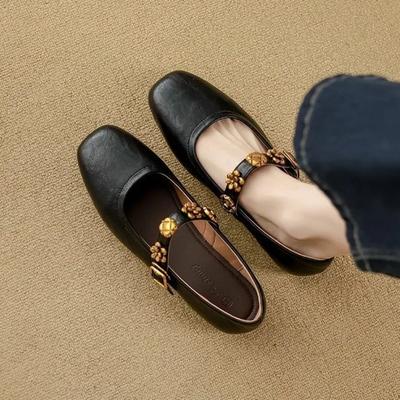 Модные балетки в французском стиле с плоской подошвой, женские, с мангообразным носком, мягкие, ретро, туфли Мэри Джейн, кожаная версия, низкий каблук, круглый носок, резиновая подошва